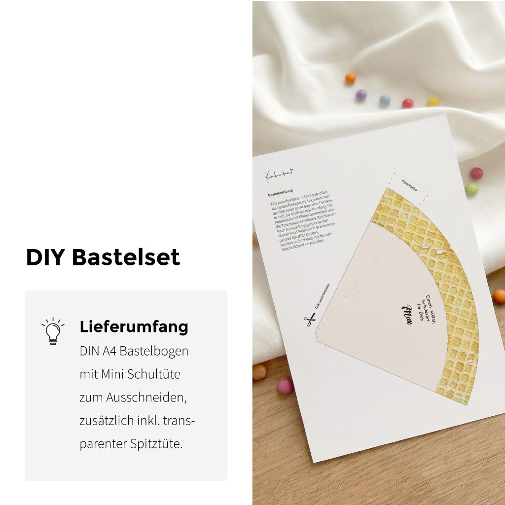 Info Bild zum DIY Bastelset Lieferumfang. Zeigt DIN A4 Bogen zum Ausschneiden der Schultüte zur Einschulung.