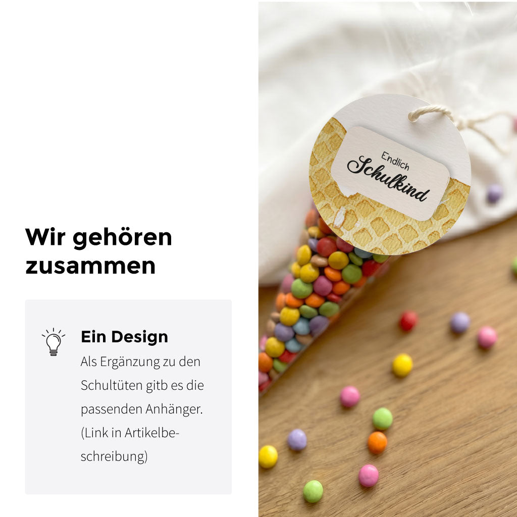 Info Bild Wir gehören zusammen. Gefüllte transparente Spitztüte mit Anhänger im Eiswaffel Aquarell Motiv.