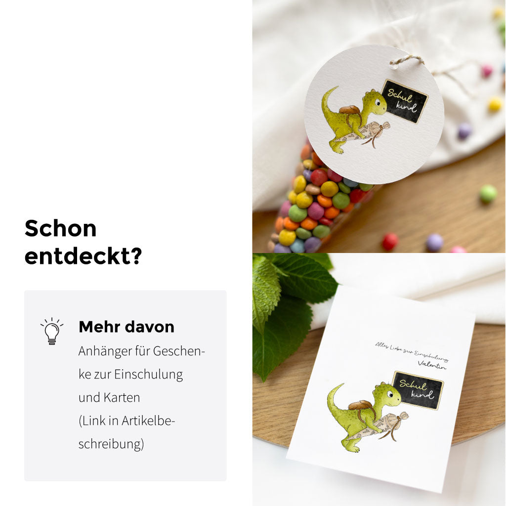 Dino Produkte zur Einschulung: Karte, Geschenkbox, Anhänger, DIY Schultüte und Download Bastelvorlage