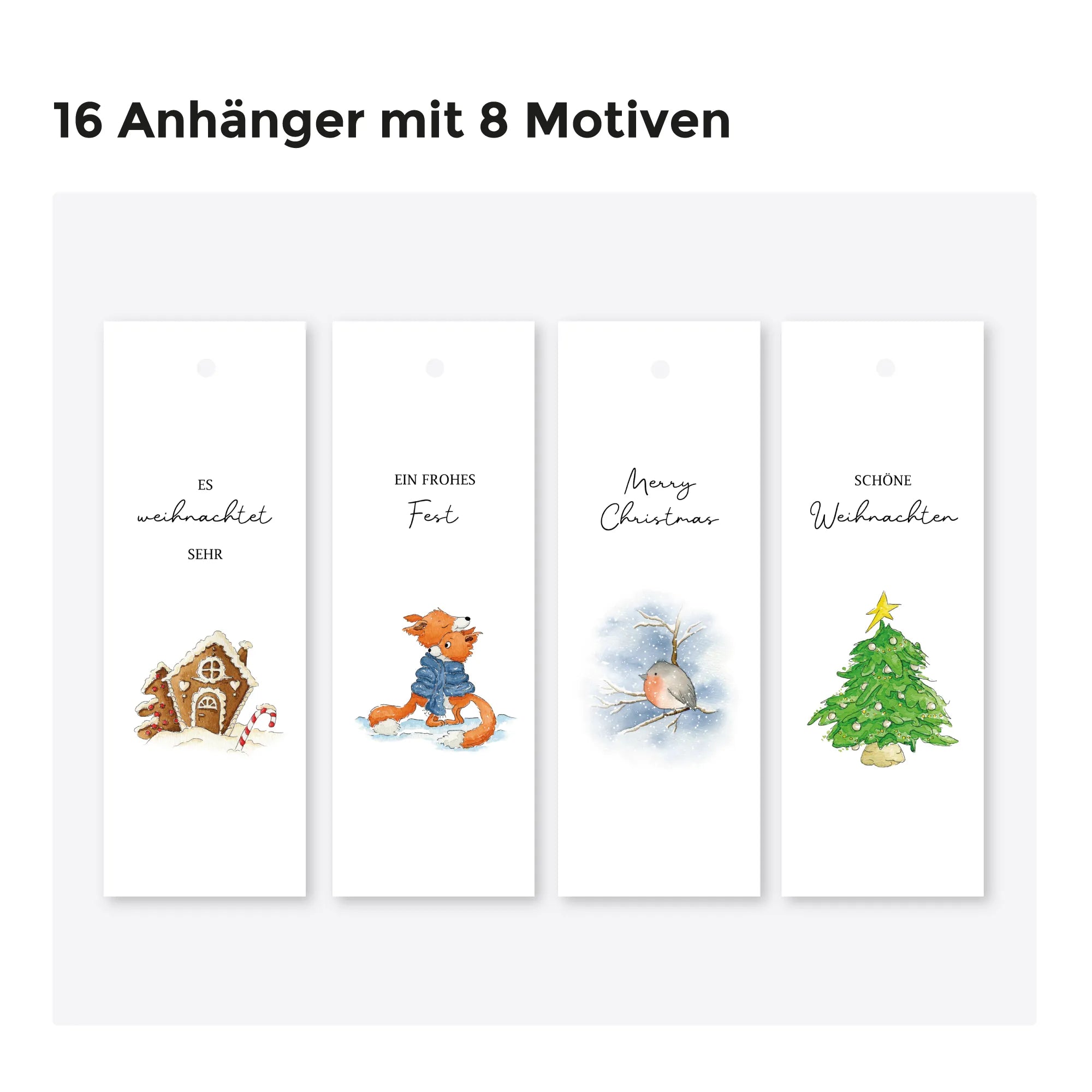 Übersicht der 16 Geschenkanhänger mit 8 verschiedenen Aquarell Motiven wie Lebkuchenhaus, Füchse und Christbaum.