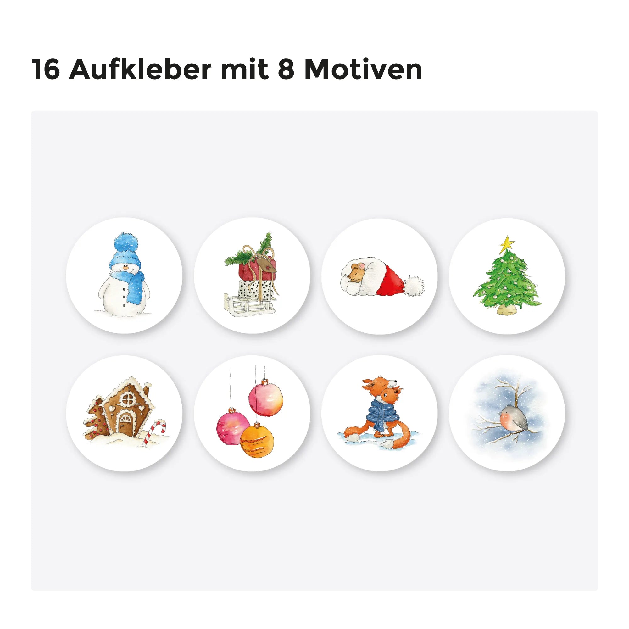 Übersicht der 16 runden Weihnachtsaufkleber mit 8 unterschiedlichen Aquarell Motiven wie Schneemann, Fuchs und Maus.