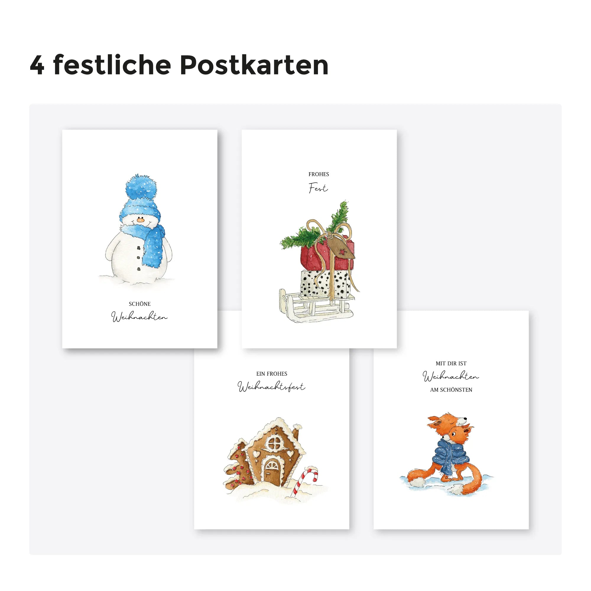 Übersicht der 4 Weihnachtskarten mit Motiven wie Schneemann, Schlitten, Lebkuchenhaus und Füchse.