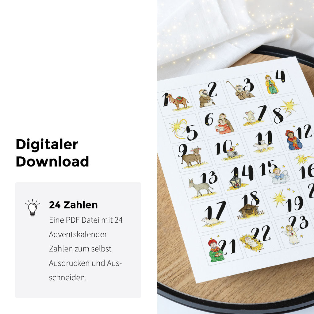Handgemalte Aquarell Motive aus der Weihnachtsgeschichte für individuellen Adventskalender, als Download zum DIY Adventskalender basteln
