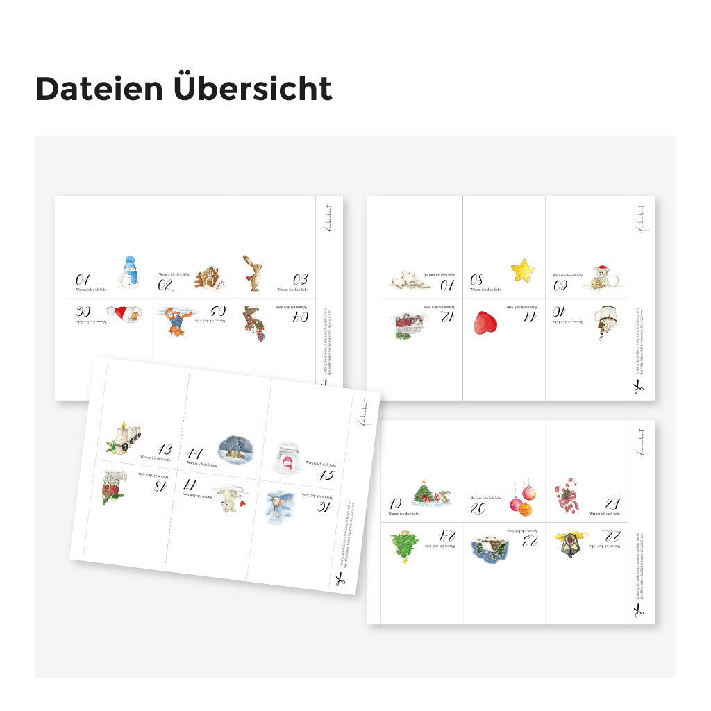 Vier PDF Dateien mit je sechs Vorlagen, hier alle in der Übersicht