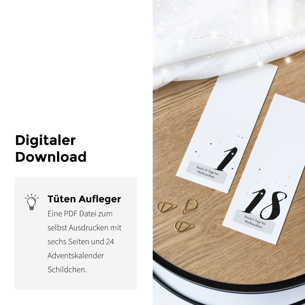 PDF Datei mit DIY Weihnachtskalender mit 24 Zahlen Schildern und Weihnachtscountdown