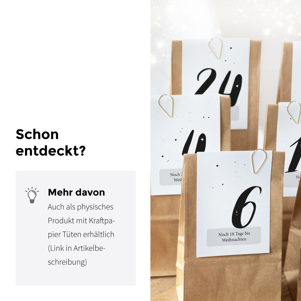 Die Adventskalender Zahlen gibt es auch als physisches Produkt mit Tüten und Klammern