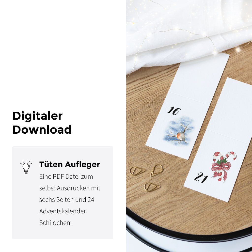 PDF Datei mit DIY Weihnachtskalender mit 24 Zahlen Schildern mit Winter und Weihnachtsmotiven