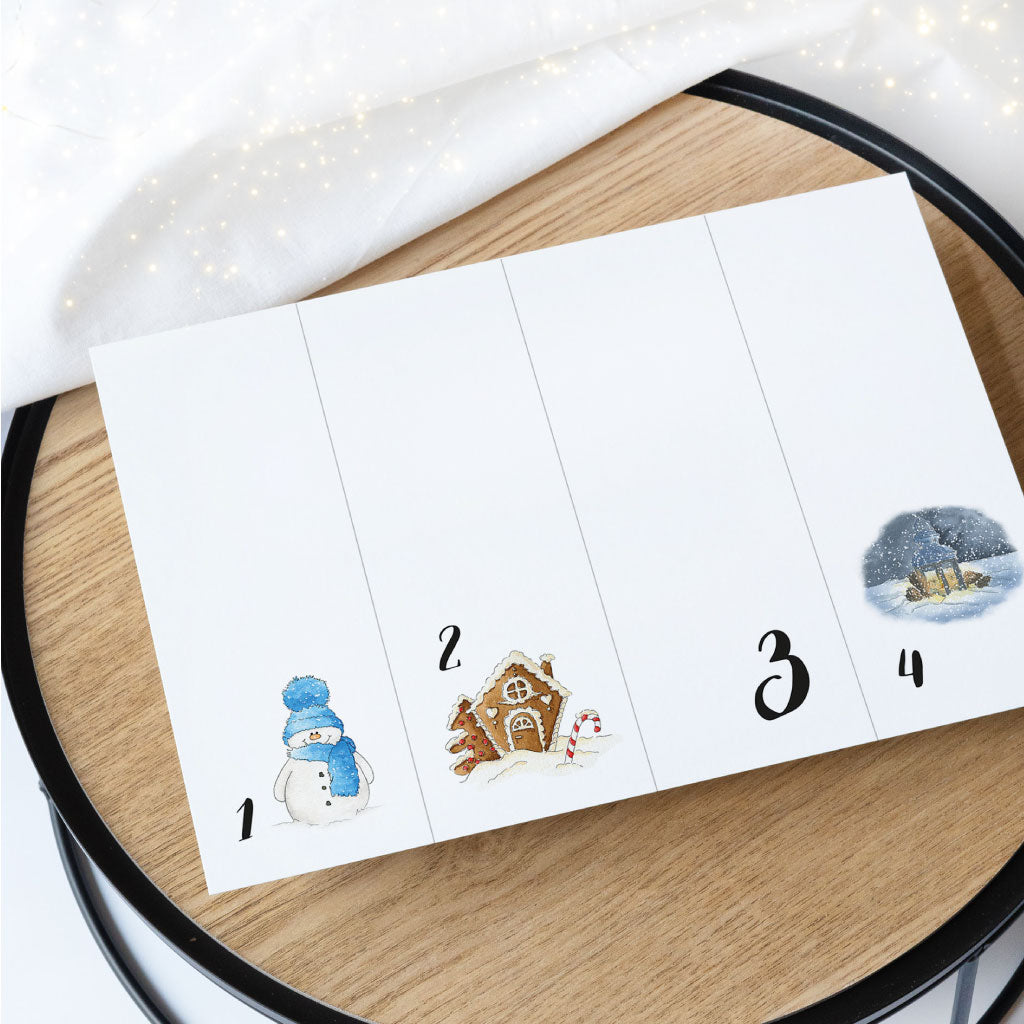 Eine der Seiten liegt ausgedruckt auf Deko, Zahlen 1-4 mit handgemalten Motiven für Adventskalender