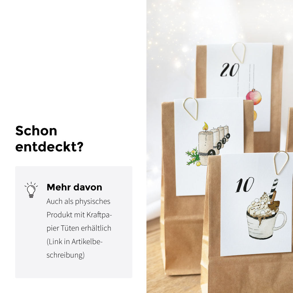 Die Adventskalender Zahlen gibt es auch als physisches Produkt mit Tüten und Klammern