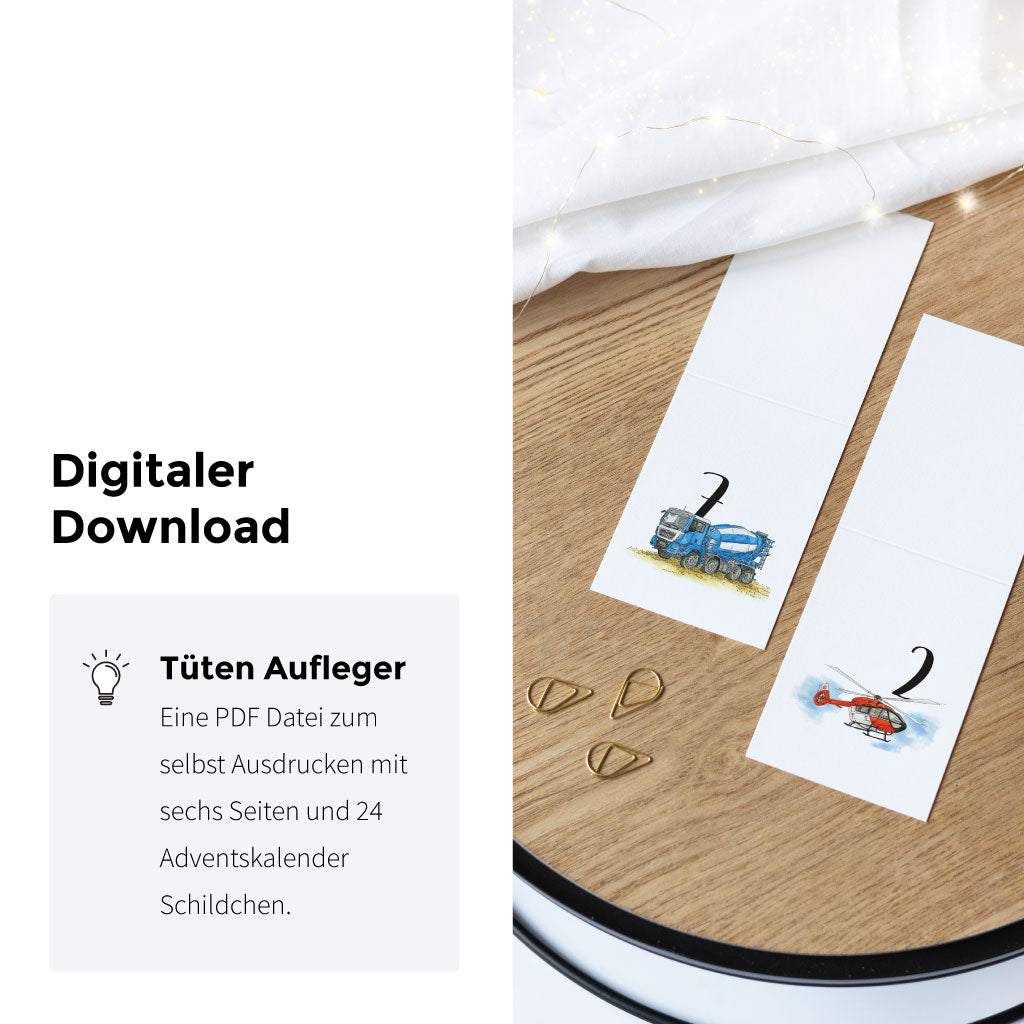 PDF Datei mit DIY Weihnachtskalender mit 24 Zahlen Schildern mit Fahrzeug Motiven