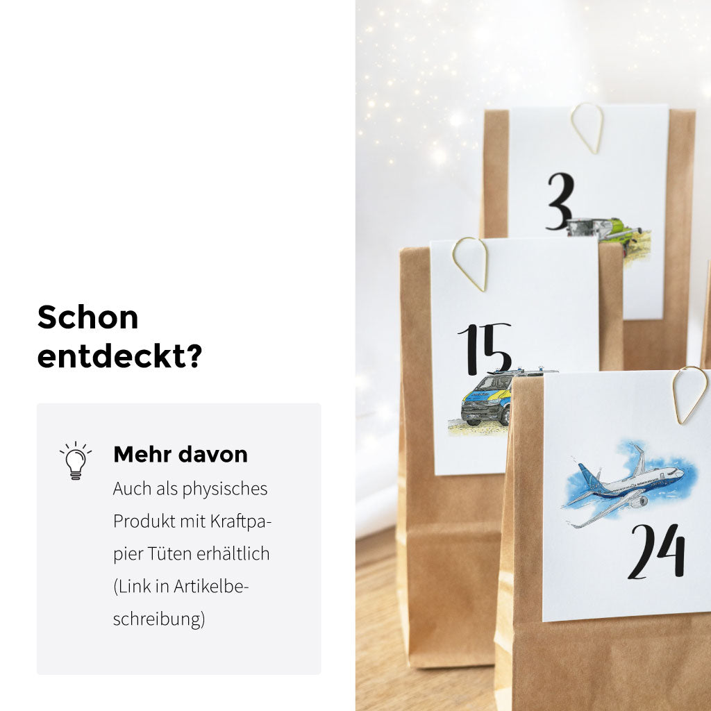 Die Adventskalender Zahlen gibt es auch als physisches Produkt mit Tüten und Klammern