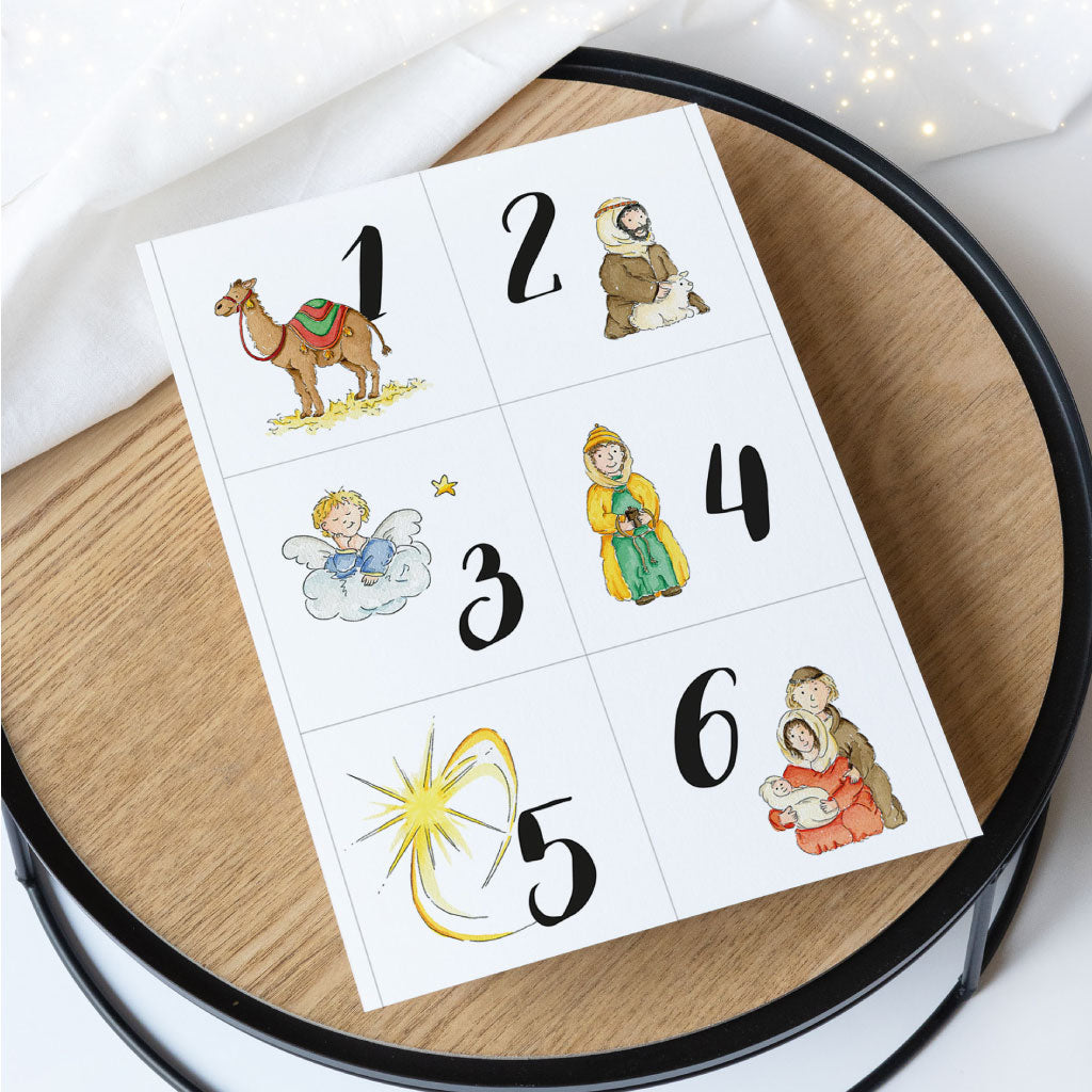 Quadratische Karten mit Motiven aus der Weihnachtsgeschichte und Zahlen Karten