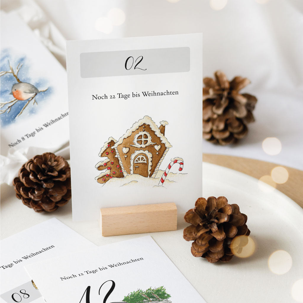 Karte Nummer 2 mit Lebkuchenhaus ausgedruckt und aufgestellt in Kartenhalter