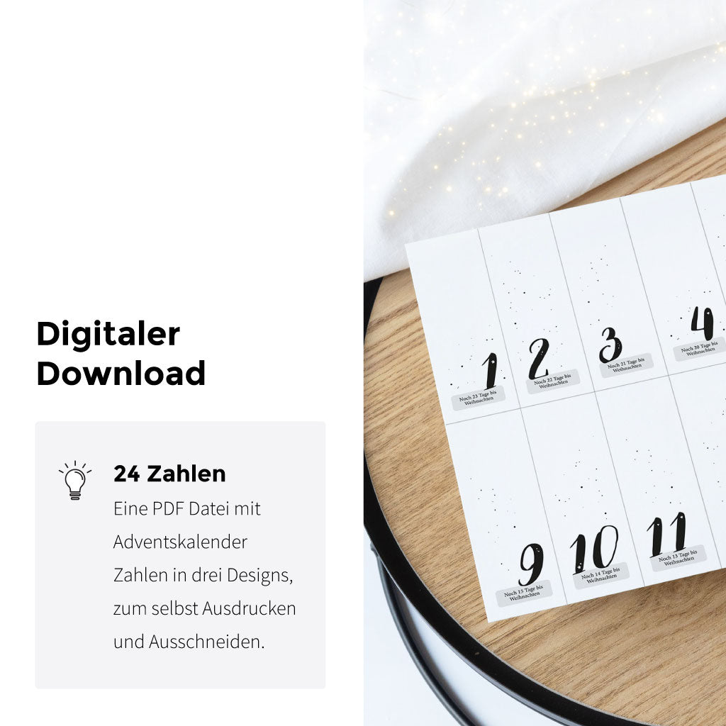 24 Adventskalender Zahlen Vorlagen in minimalistischem schwarz weiß Look mit 8 Geschenke Bastelvorlagen