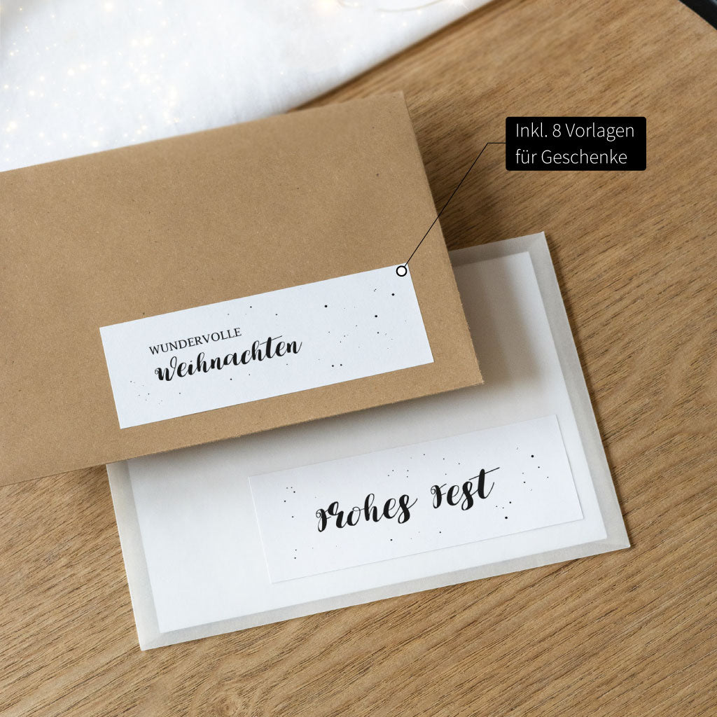 Zusätzlich sind 8 Vorlagen für Weihnachtsgeschenke Aufkleber ohne Zahlen enthalten