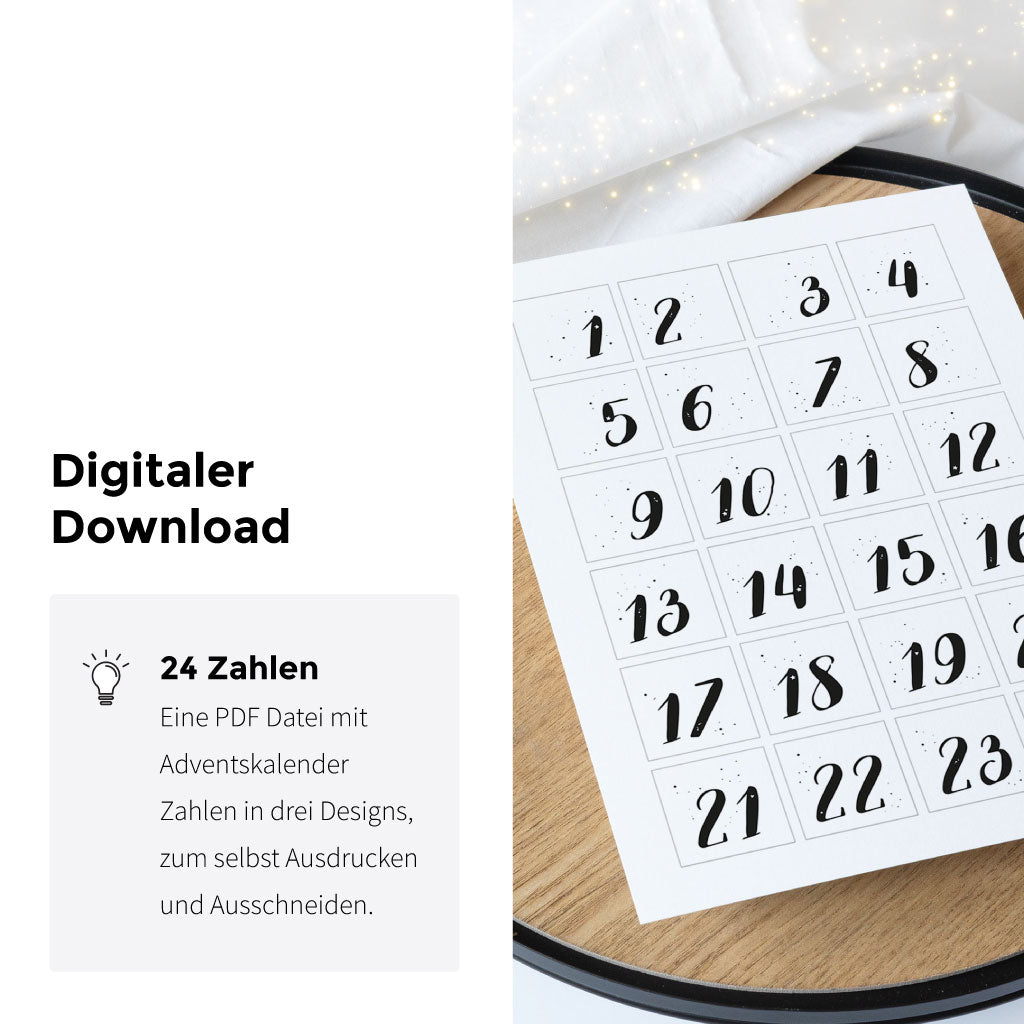 Schwarz weiße Zahlen mt Sternchen und Punkten für individuellen Adventskalender, als Download zum DIY Adventskalender basteln