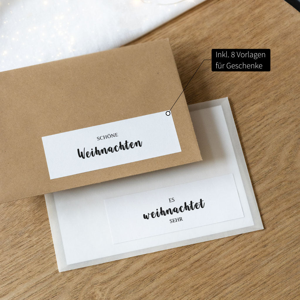 Zusätzlich sind 8 Weihnachtsgeschenke Aufkleber Vorlagen ohne Zahlen enthalten