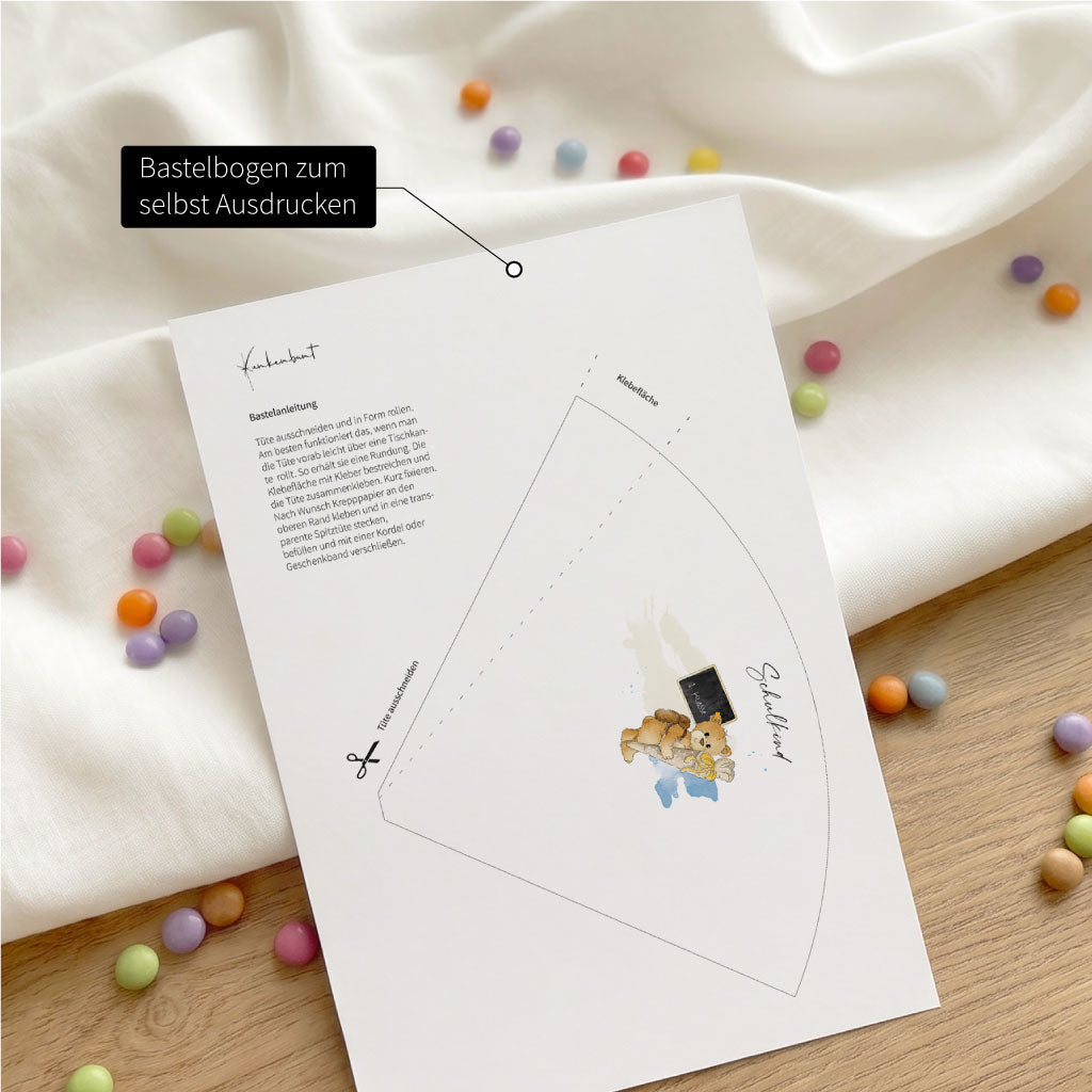 Papier Bastelbogen für die Mini Schultüte zum sofortigen Ausdrucken und Basteln für das neue Schulkind.