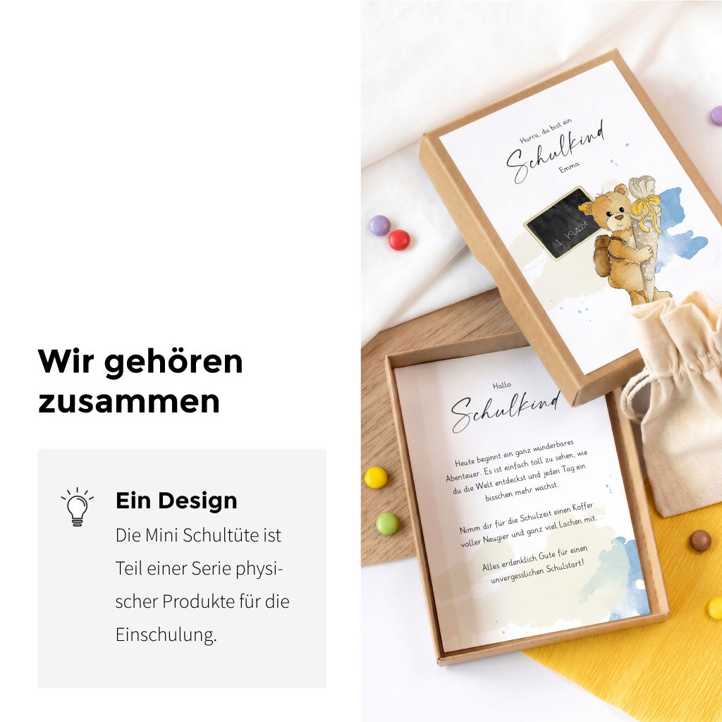Passende Geschenkschachtel zur Einschulung mit Karte im gleichen Teddy Aquarell Motiv wie die Schultüte.