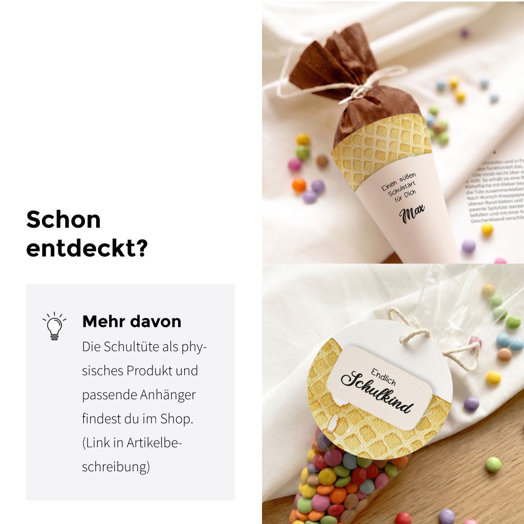 Werbegrafik für weitere Produkte und Anhänger passend zum Waffel Aquarell Motiv der kleinen Schultüte.