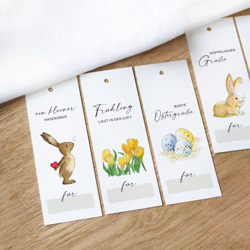 Große Geschenkanhänger zu Ostern mit handgemalten Aquarellen von Osterhase, Frühlingsblumen und Ostereiern als PDF Printable – digitale Datei zum Download und selbst Beschriften.