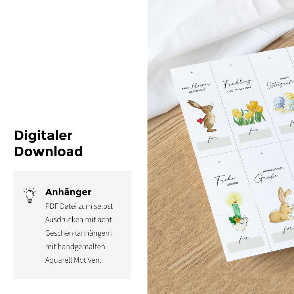 Digitale Datei mit acht großen Geschenkanhängern zu Ostern – PDF Printable mit fröhlichen Aquarellmotiven zum Ausdrucken, Basteln und Beschriften.