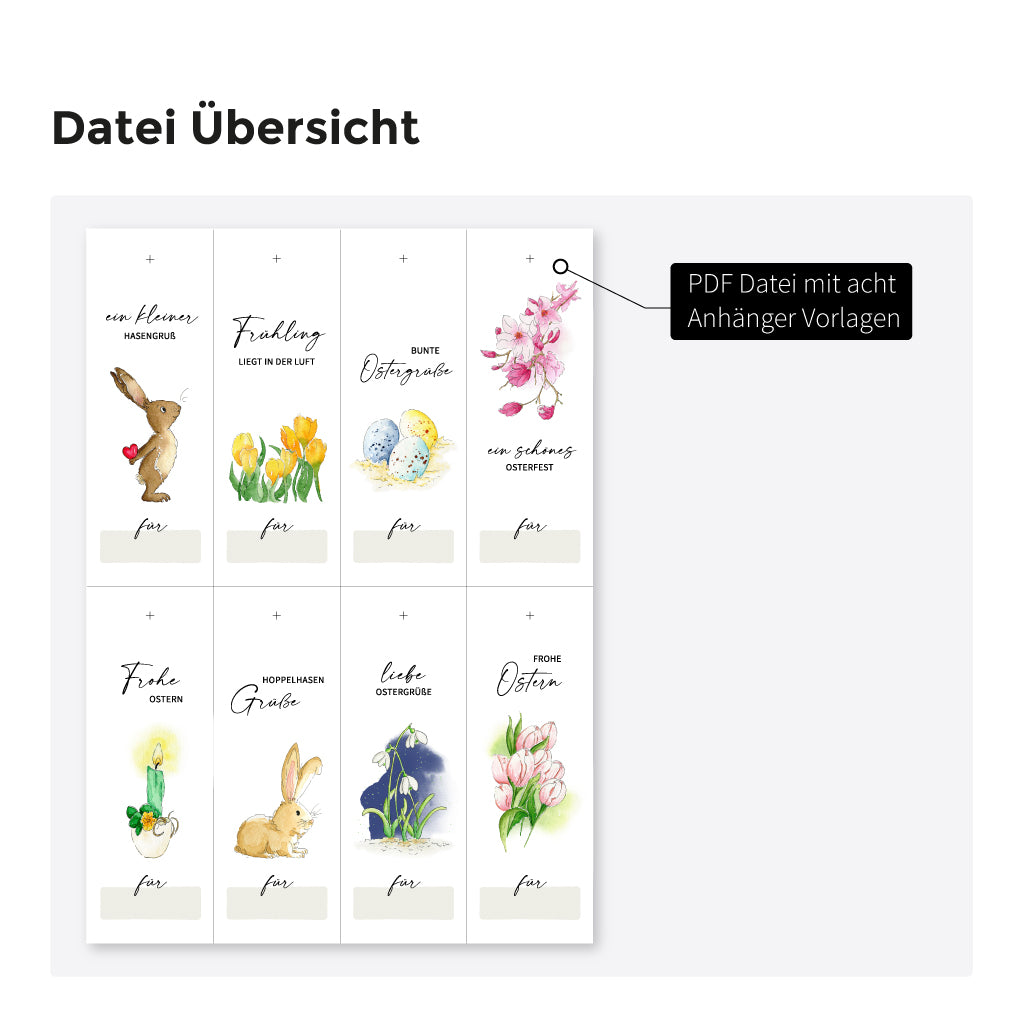 Übersicht der enthaltenen PDF-Vorlagen: Osteranhänger mit Aquarellmotiven wie Osterhase, Osterei und Frühlingsblumen – zum Download als Bastelvorlage für deine Osterdeko.