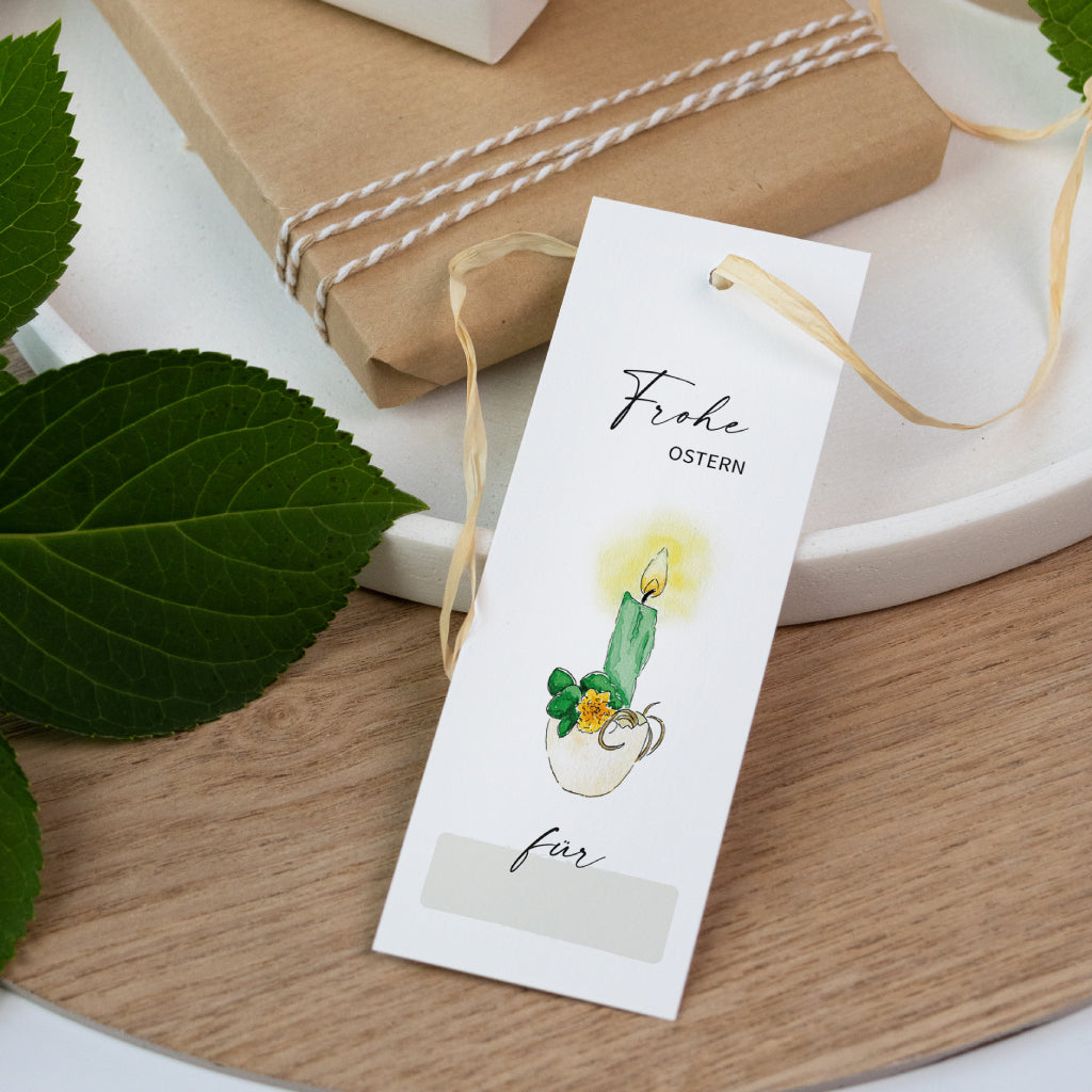 Großer Osteranhänger mit Aquarellkerze als Dekoration – PDF Bastelvorlage zum Herunterladen und selbst Gestalten für liebevoll verpackte Ostergeschenke.