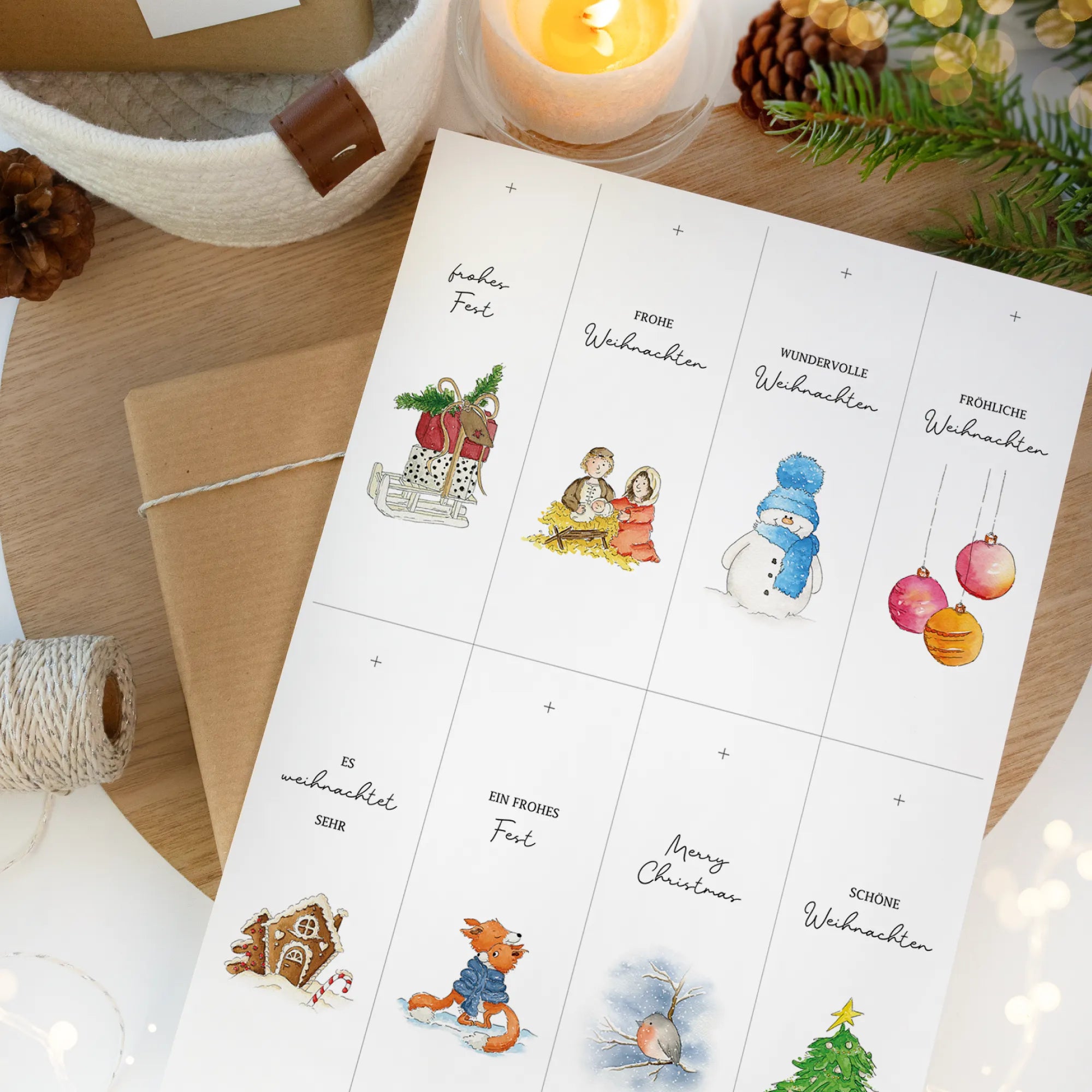 Komplettes Set der Weihnachtsgeschenkanhänger PDF Vorlage mit verschiedenen Motiven für den Ausdruck zu Hause.