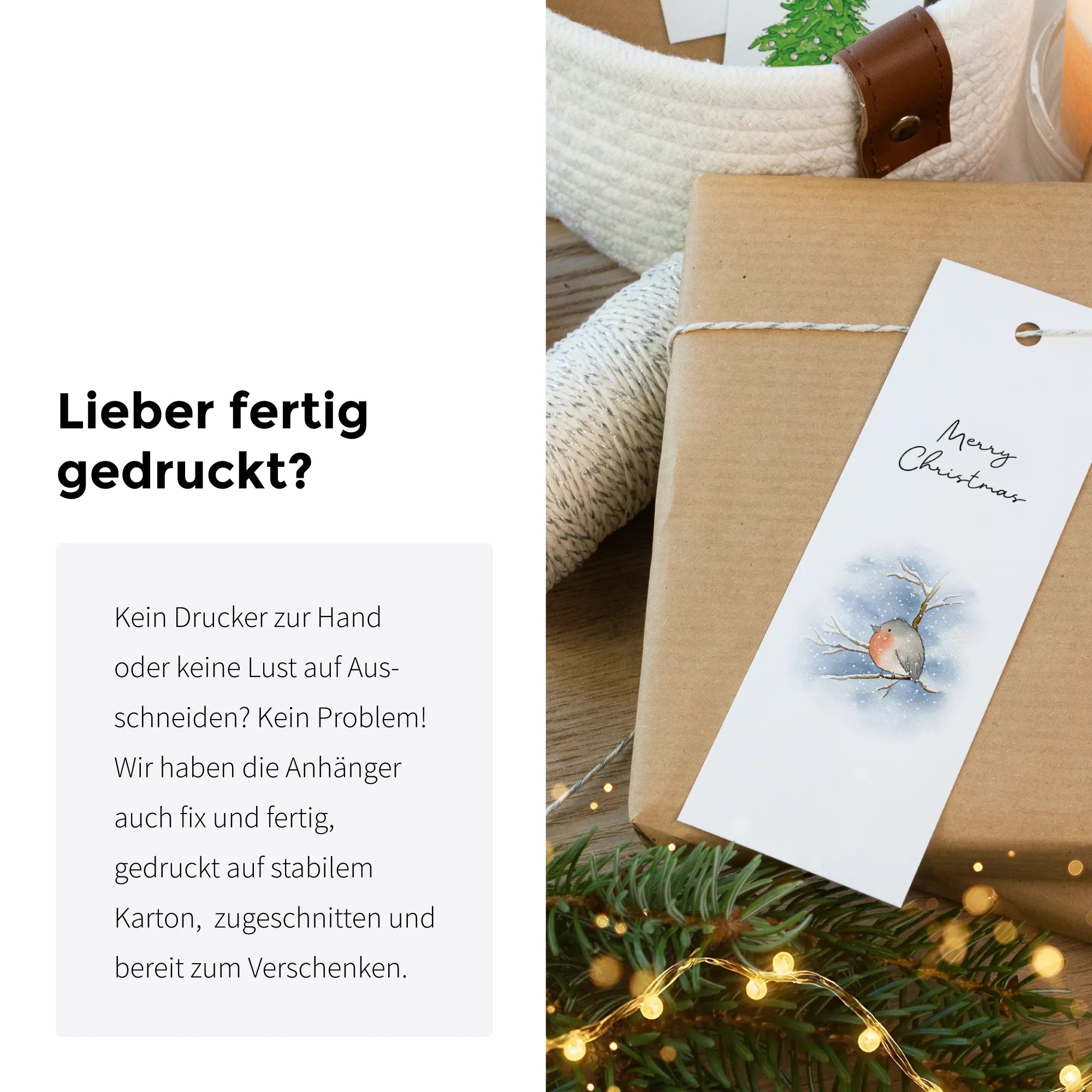 Werbefoto für fertig gedruckte Geschenkanhänger mit Rotkehlchen Aquarell Motiv auf Paket für Kunden ohne Drucker.