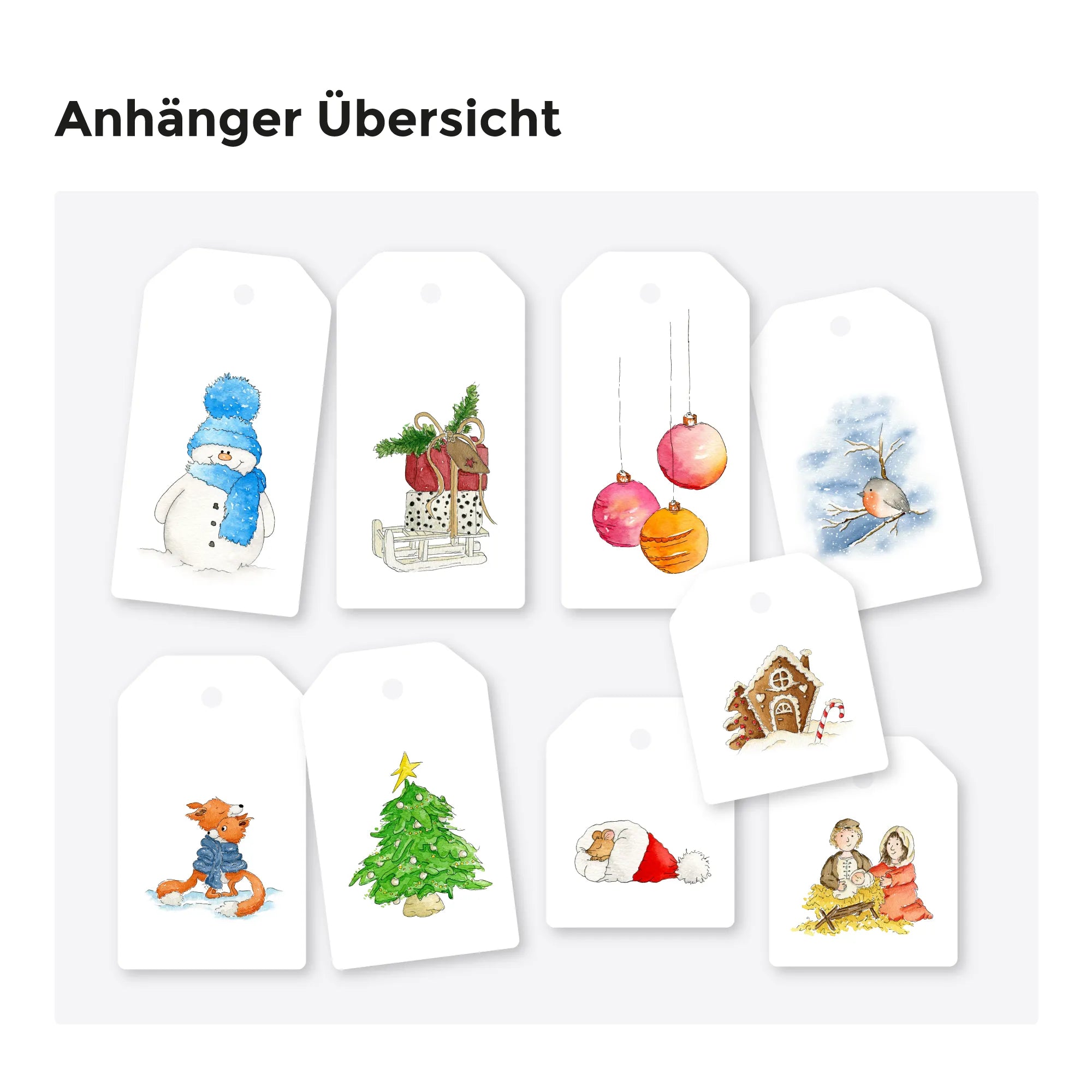 Übersicht aller acht winterlichen Geschenkanhänger Motive wie Christbaumkugeln, Rotkehlchen und Krippenszene auf weißem Grund.