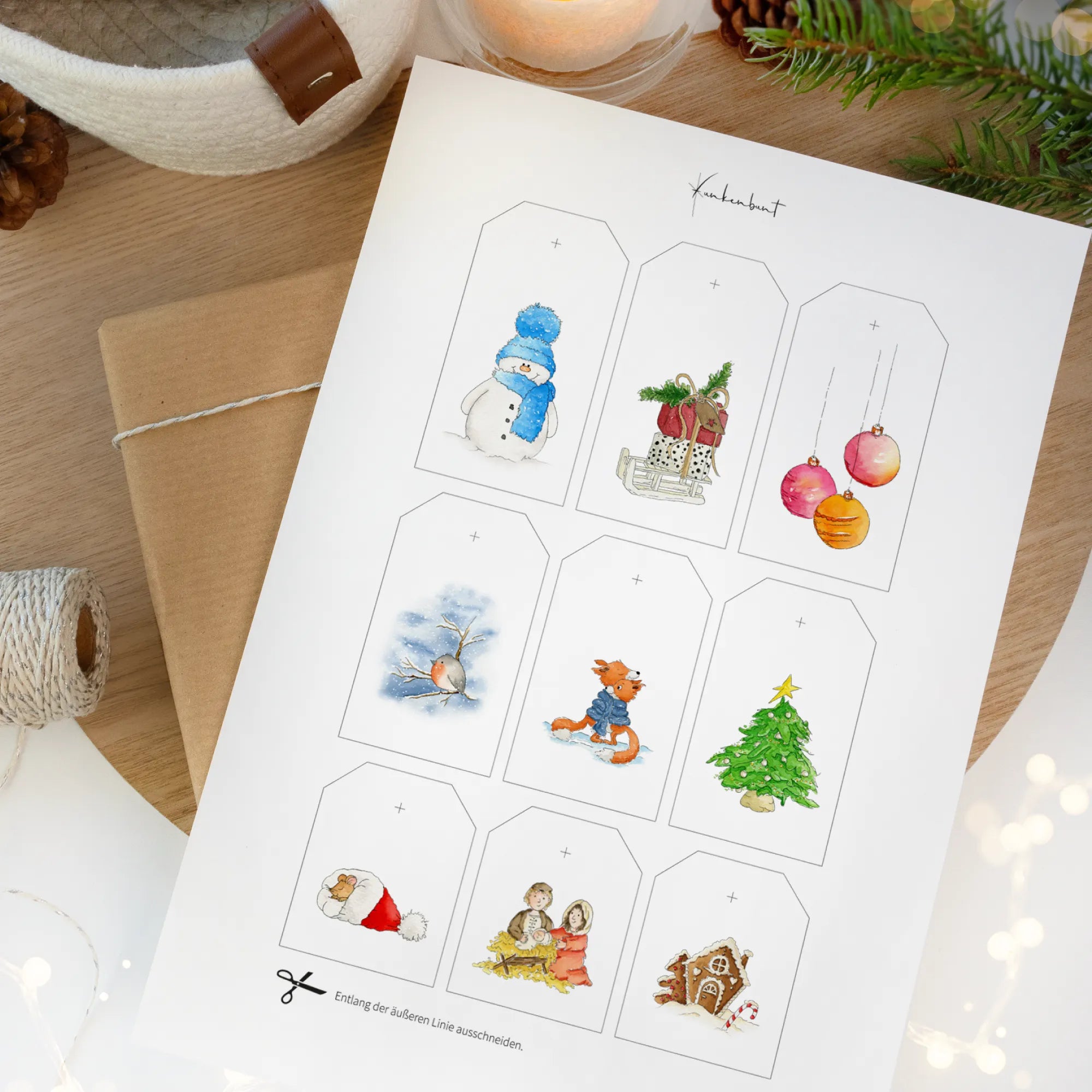 Ausdruckbare Bastelvorlage als PDF Datei mit neun verschiedenen weihnachtlichen Geschenkanhängern zum Selbstausschneiden.
