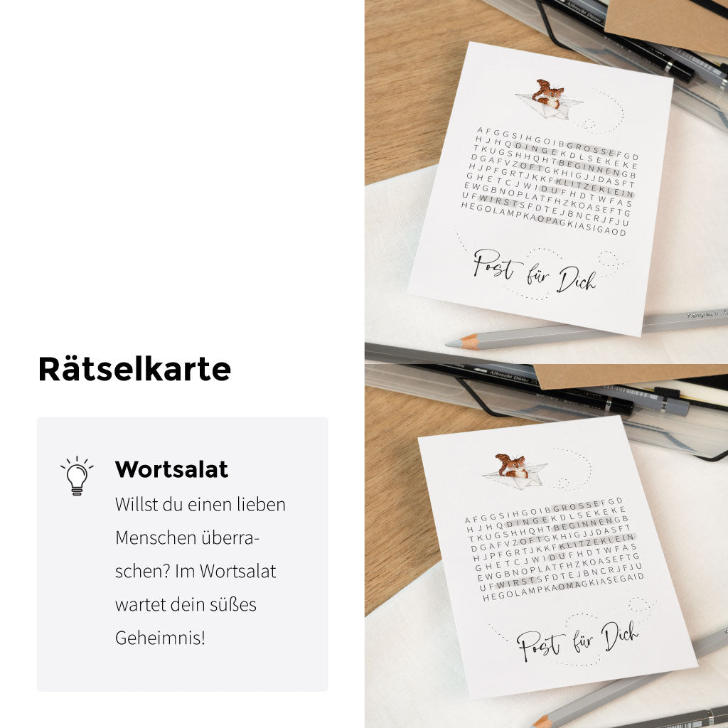 Karte mit Wortsalat "Große Dinge beginnen oft klitzeklein. Du wirst Papa / Tante / Onkel / Oma / Opa"
