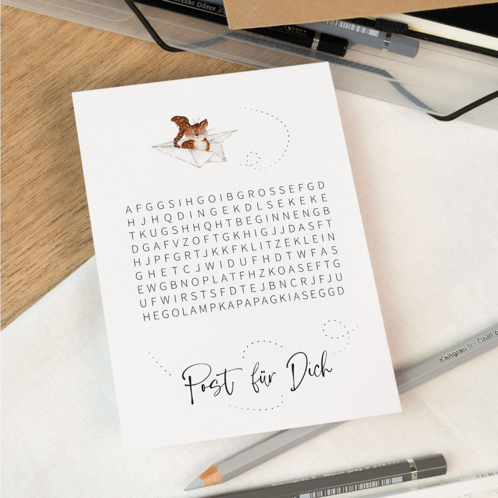 Karte mit Spruch "Post für Dich" und Aquarell Motiv mit Katze und Papierflieger