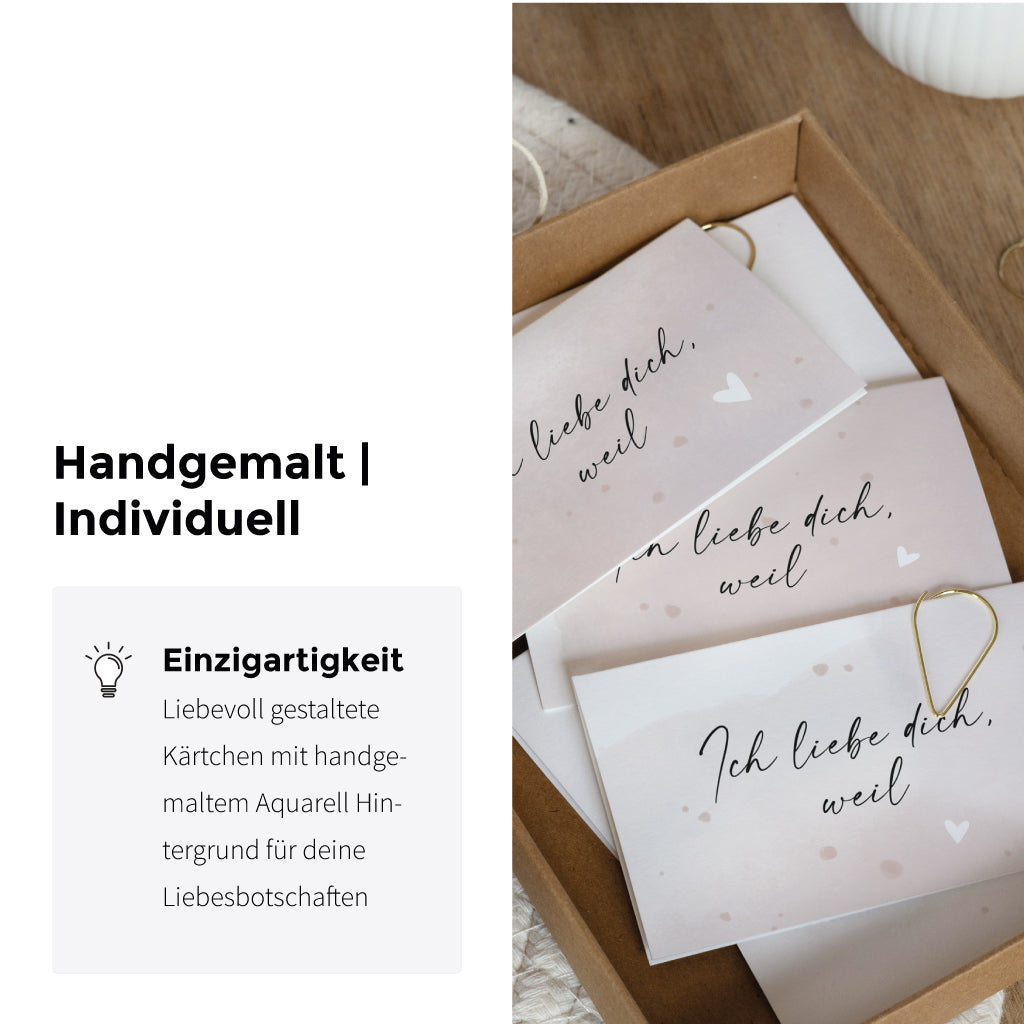 Handgemalte Mini-Klappkarten mit zartem Aquarellhintergrund und romantischem Text zum Selbstbeschriften – individuelle Liebesbotschaften als Download.