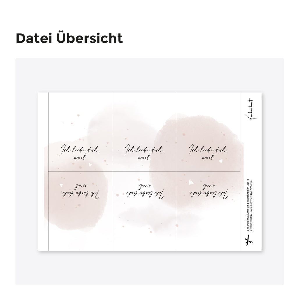 Übersicht der Liebesbrief-Vorlage als PDF zum Download – sechs romantische Gründe-warum-ich-dich-liebe Karten mit handgemaltem Aquarell.