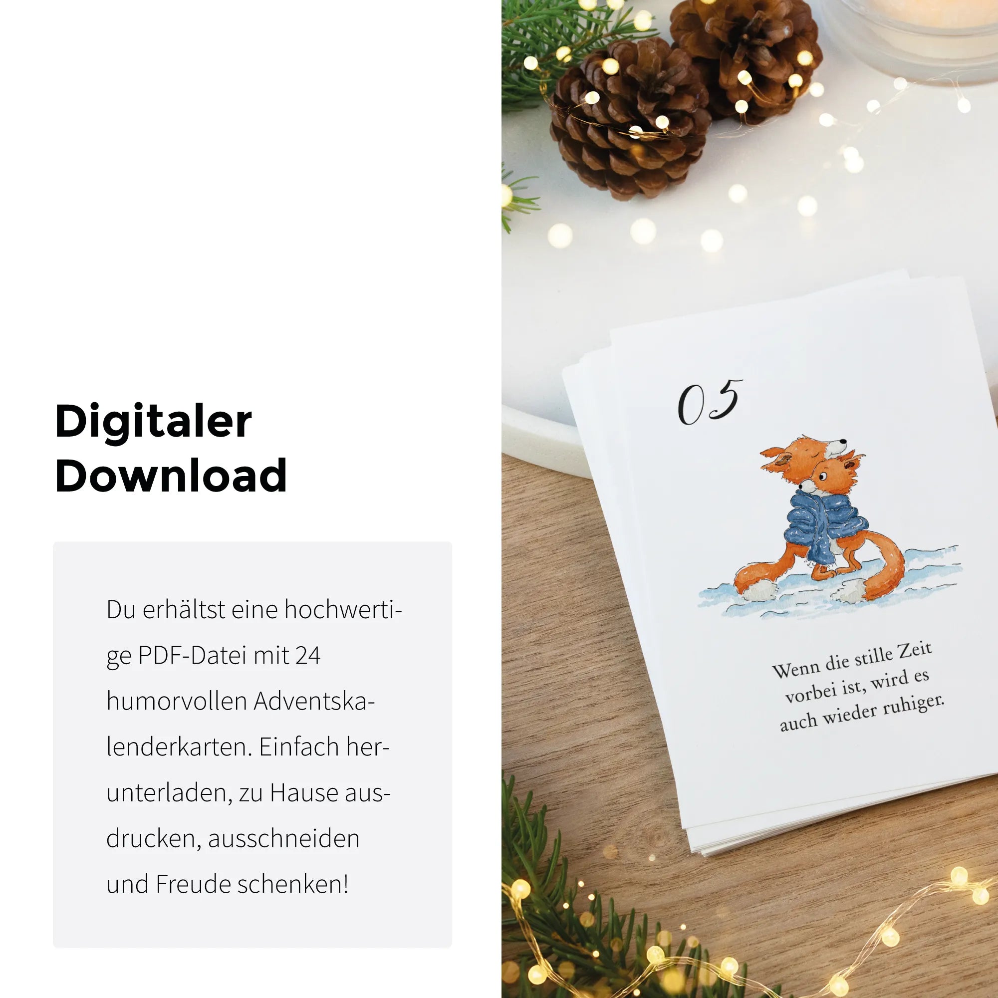 Vorschau für den digitalen Download der lustigen Adventskalender Karten. Zeigt Karte 05 mit einem Fuchs Aquarell Motiv.