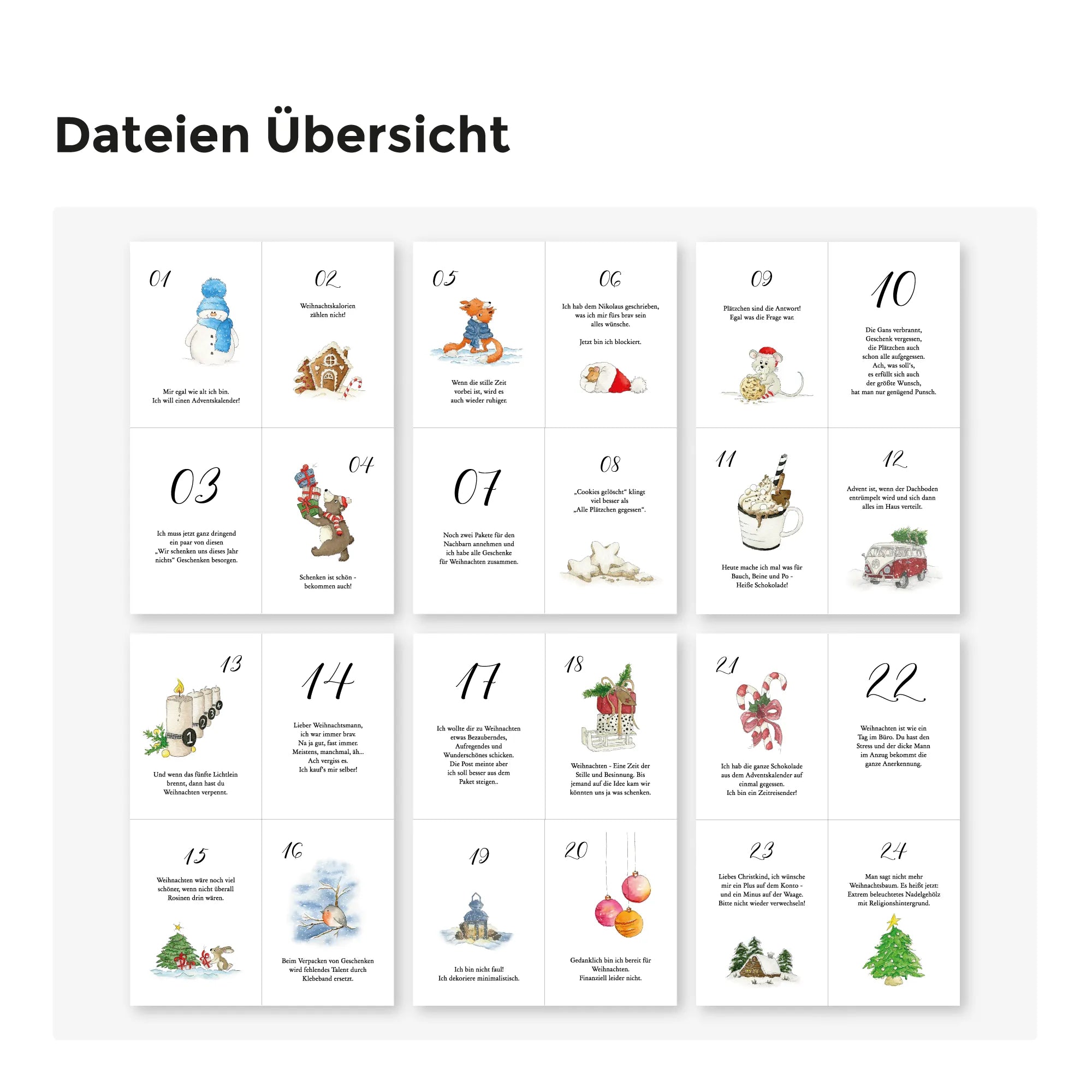 Übersicht der digitalen PDF Datei mit lustigen Adventskalender Karten zum Herunterladen und sofortigen Ausdrucken zu Hause.