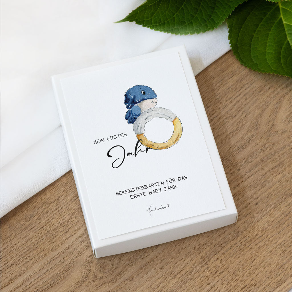 Deckblatt der Meilensteinkarten-Box mit Aquarellmotiv eines Wals und Greifrings, beschriftet mit „Mein erstes Jahr – Meilensteinkarten für das erste Babyjahr“, als digitale PDF-Datei.