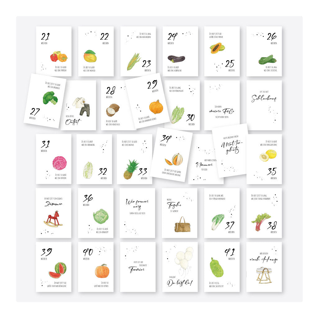 Komplette Übersicht der Schwangerschafts-Meilensteinkarten mit Obst- und Gemüsegrößenvergleich in Aquarell – digitales PDF zum Ausdrucken und Ausschneiden.