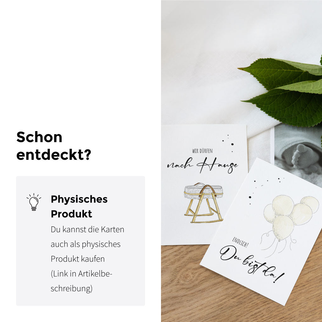 Zwei Karten mit Moseskorb und Luftballons als Aquarell-Motive – Teil des Meilensteinkarten-Sets als PDF zum Ausdrucken oder als physisches Produkt erhältlich.