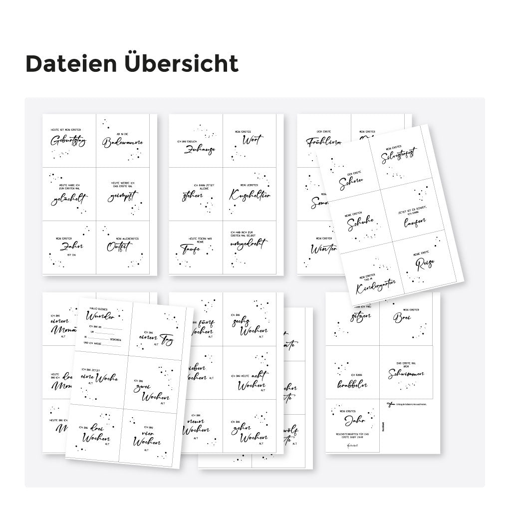 Dateien Übersicht der digitalen Datei: mehrere PDF-Seiten mit Meilensteinkarten zum Selbst ausdrucken, Wochenkarten und Ereigniskarten minimalistisch schwarz weiß für Baby erstes Jahr.