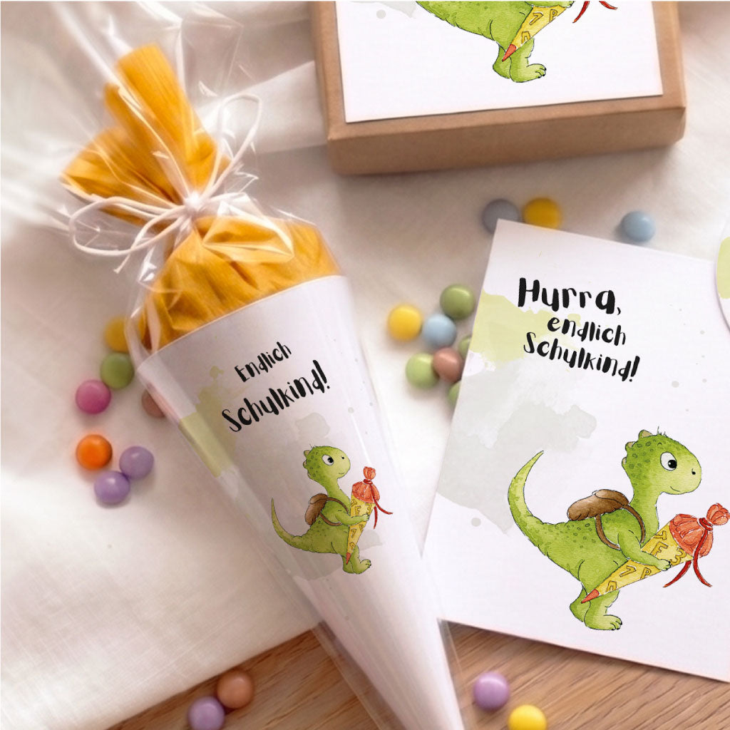 Mini Schultüte mit Dinosaurier Aquarell Motiv und Text Endlich Schulkind, PDF Symbol für digitalen Download.