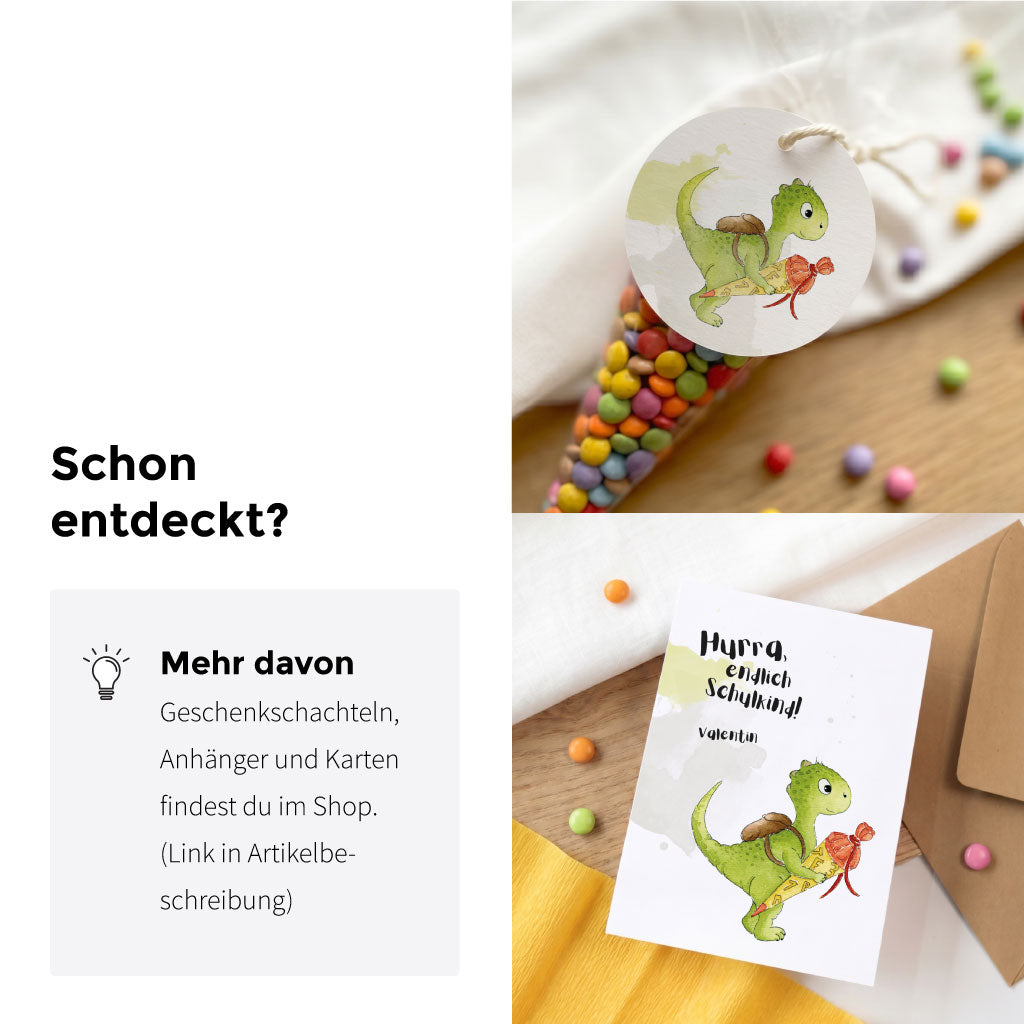 Collage mit bunter Schultüten Füllung, personalisierter Karte für Valentin und Dino Anhänger zur Einschulung.