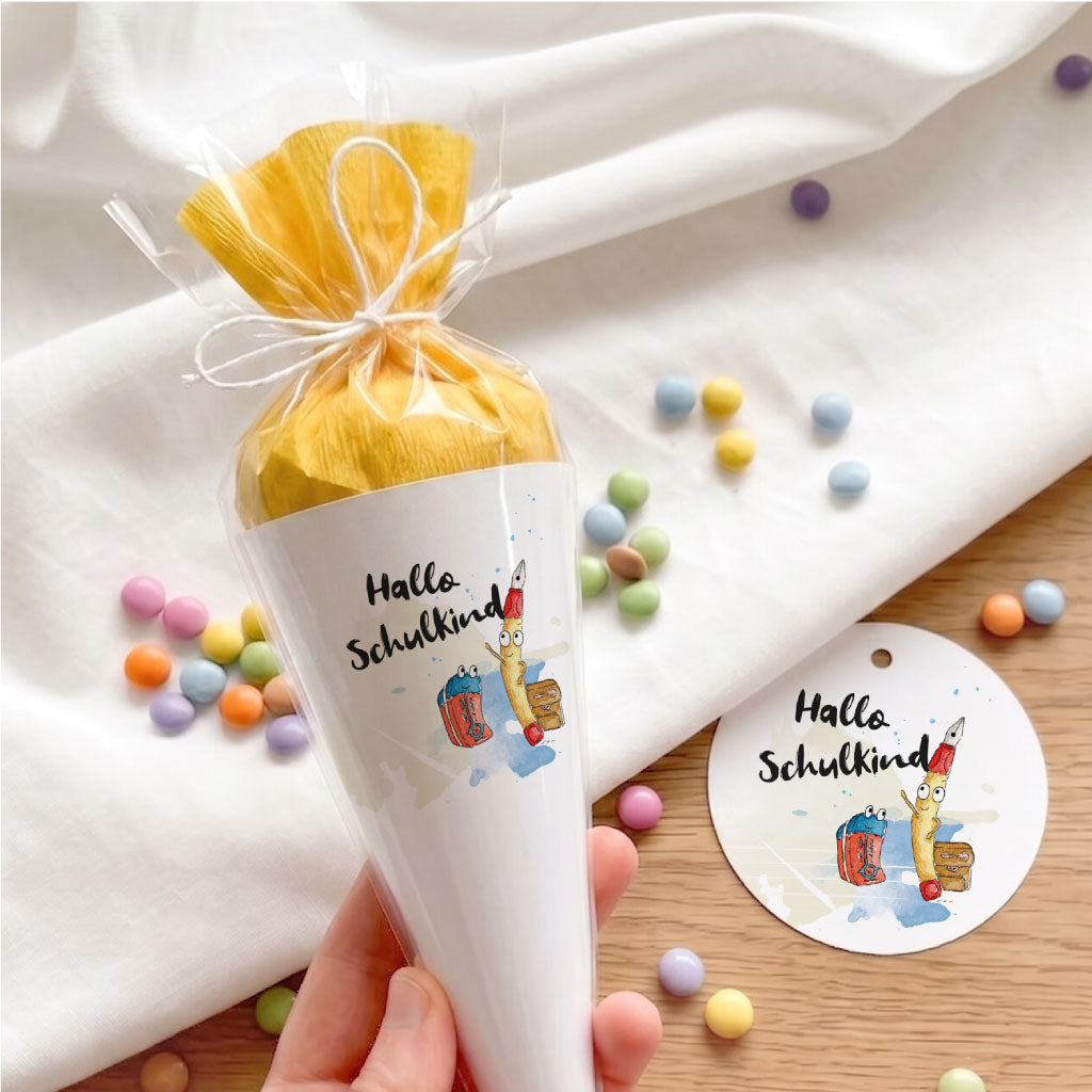 Mini Schultüte mit passendem rundem Geschenkanhänger und Stifte Aquarell Motiv für den ersten Schultag.