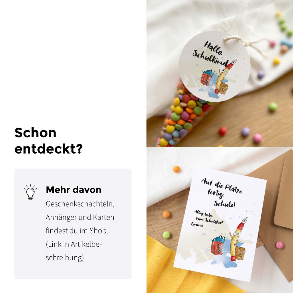 Collage mit befüllter Spitztüte und einer Klappkarte für das Schulkind mit Stifte Aquarell Motiv.