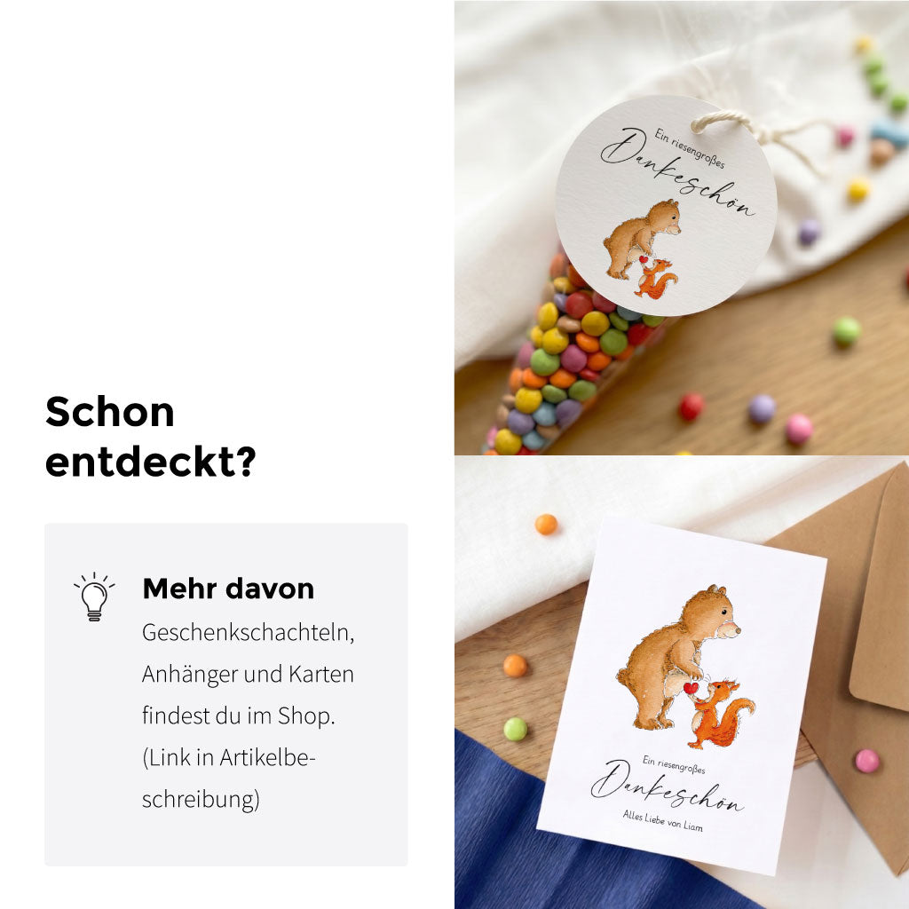 Collage mit rundem Geschenkanhänger und Dankeskarte als Teil der kompletten Serie für das DIY Abschiedsgeschenk.