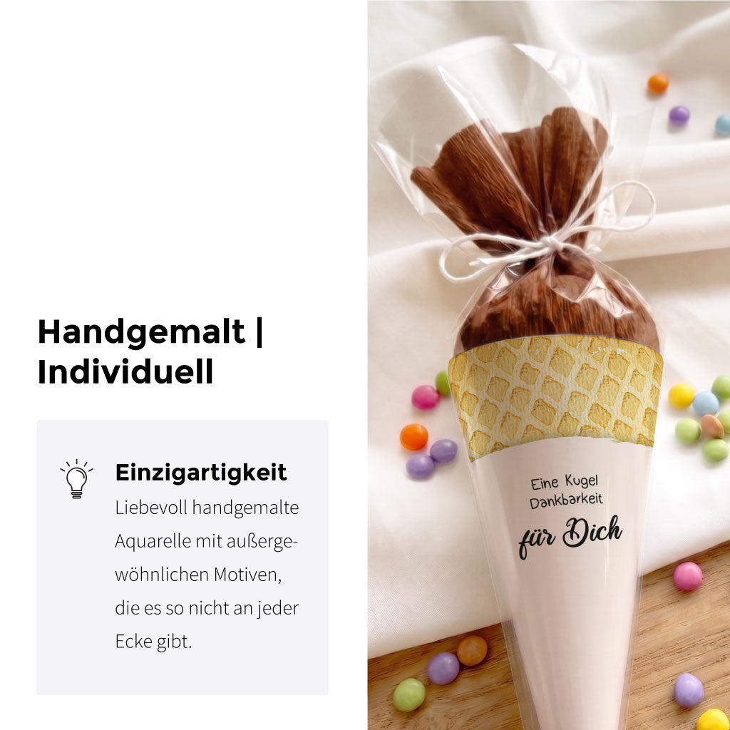 Handgemaltes Eiswaffel Aquarell Motiv auf einer DIY Mini Schultüte als einzigartiges Geschenk für die Lehrerin.