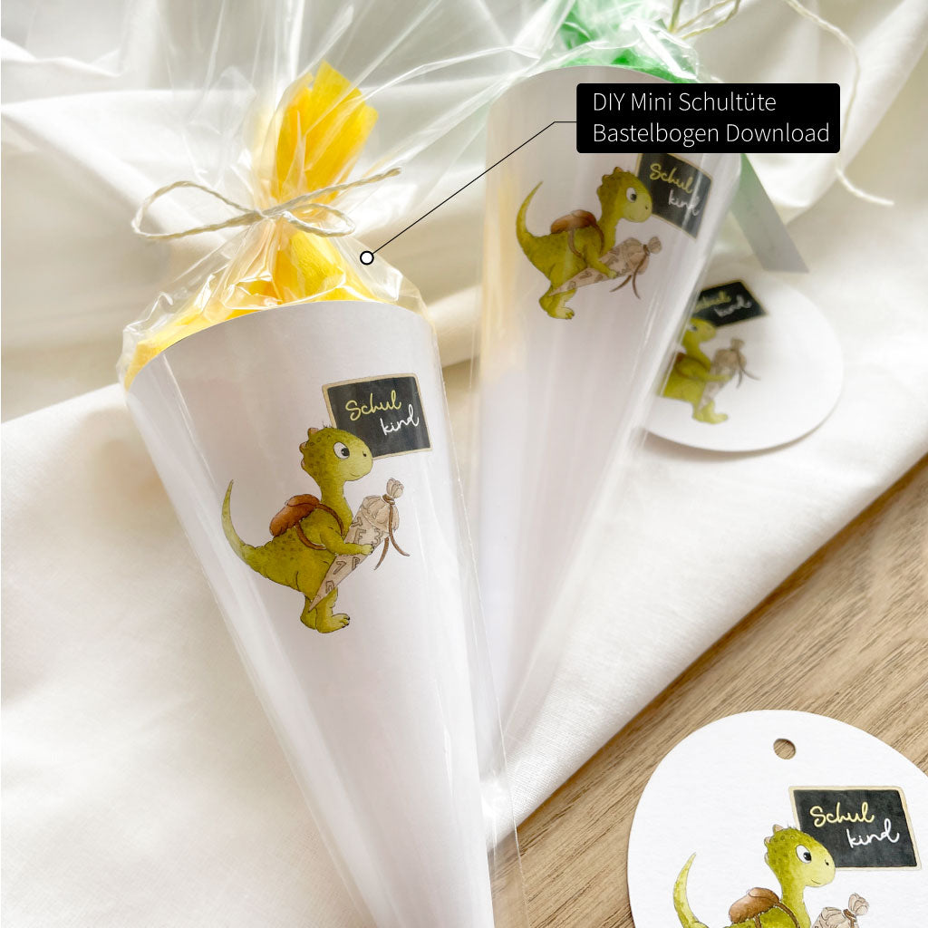 Schultüte mit Dinosaurier Motiv, Download digitale Bastelvorlage