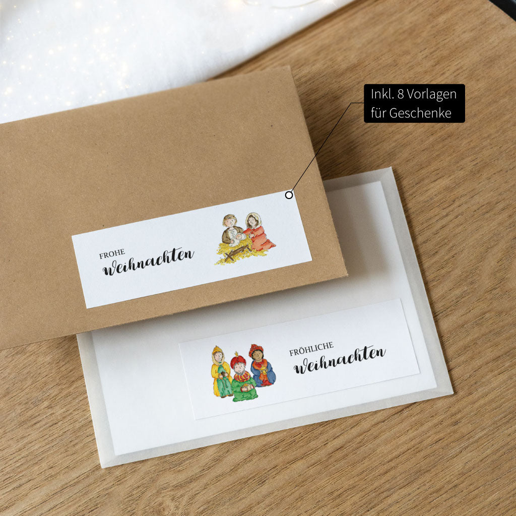Zusätzlich sind 8 Weihnachtsgeschenke Aufkleber Vorlagen ohne Zahlen enthalten